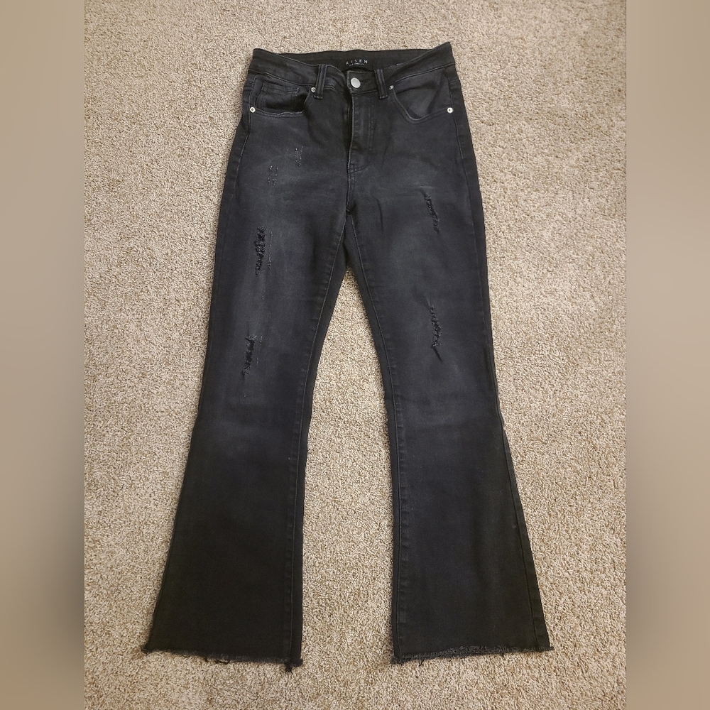 RISEN Los Angeles Distressed Black Flare Denim Stretch Jeans